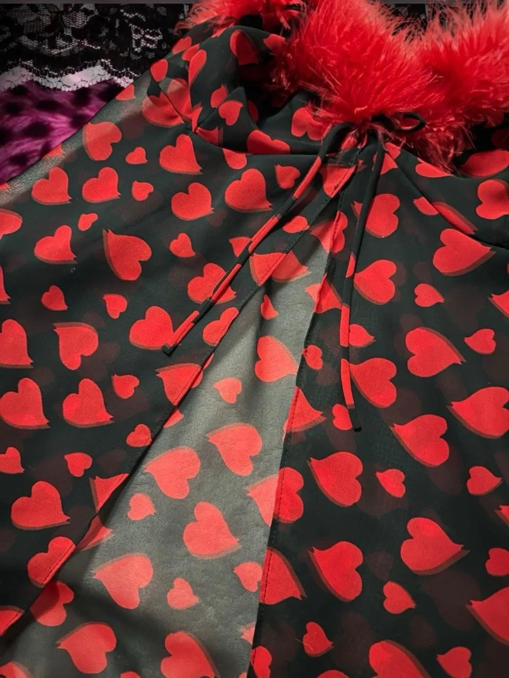 Vintage Black Chemise with Red Heart Pattern and Feather Trim